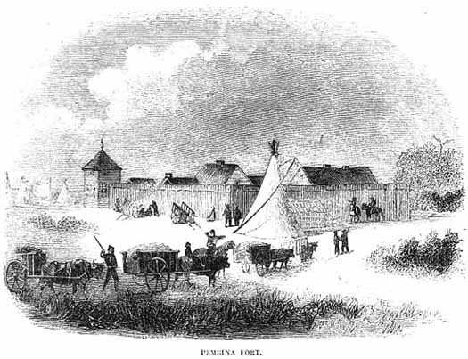 Black and white illustration of Fur Trade fort at Pembina with Red River Trail oxcarts in the foreground, 1860.