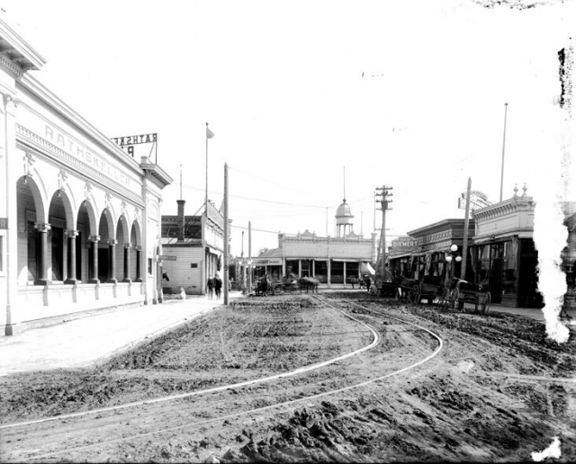 Photograph of North Bridge saloons on First Street in Moorhead, ca. 1890s.