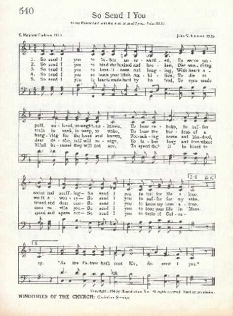Sheet music of a hymn often used for mission programs organized by the Carson Mennonite Brethren Church.