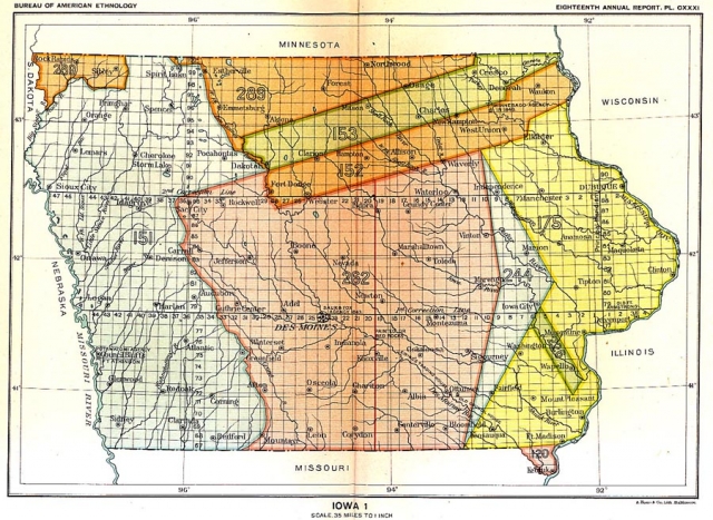 Map of Native American land cessions in the present-day state of Iowa