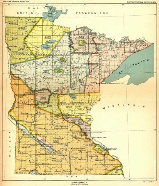 Map of Native American land cessions in the present-day state of Minnesota