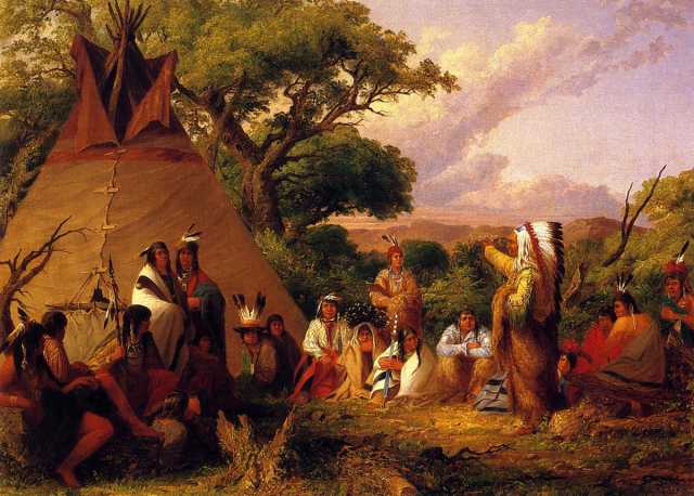 Oil on canvas painting of Dakota Indians in council, 1852. Painting by Seth Eastman