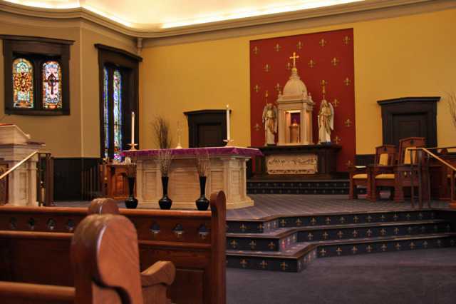 Color image of the Interior of Our Lady of Lourdes Catholic Church, 27 Prince Street, Minneapolis. Photograph by Wikimedia user Jonathunder, March 1, 2015.