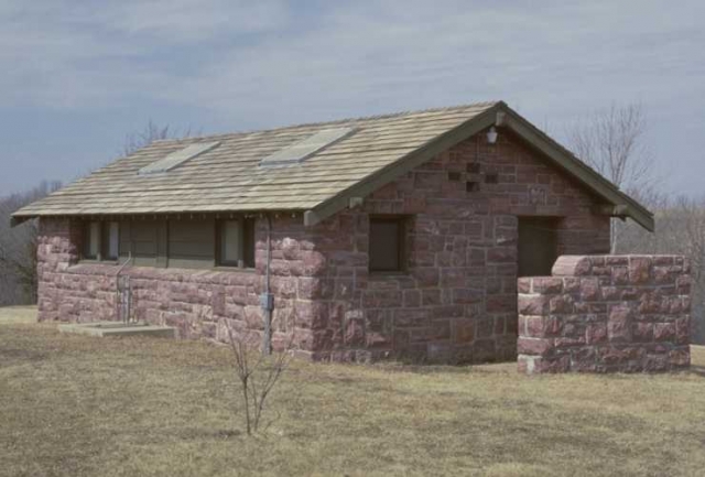 Color image of a Blue Mounds State Park latrine built by the Works Progress Administration, ca. 1990s.