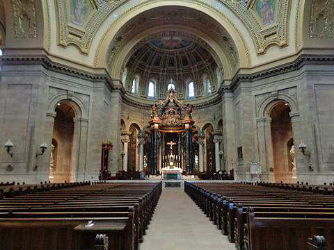 Color image of a west-facing view of the main seating area of the Cathedral of St. Paul. Photographed by Paul Nelson on July 10, 2014.