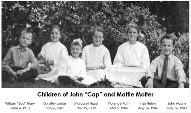 Black and white photograph of the children of John “Cap” and Mattie Molter (left to right): William “Bud” Harry, Dorothy Louise, Margaret Hazel, Florence Ruth, Inez Helen, and John Adam. Photograph ca. 1915.