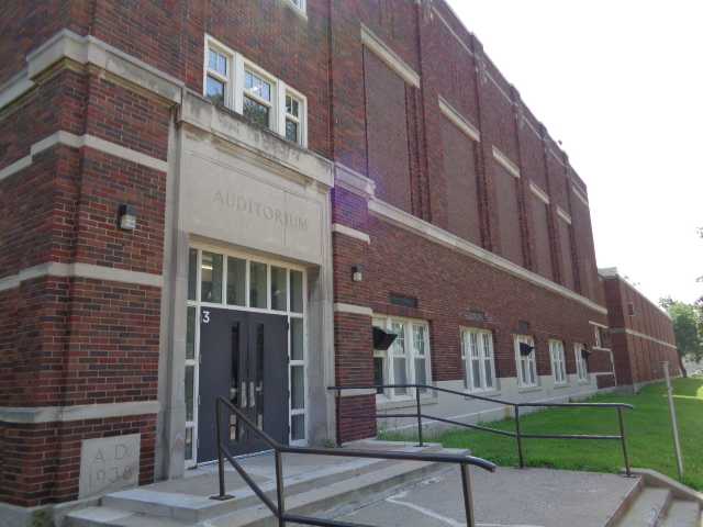 Color image of the Monroe Junior High School auditorium in St. Paul designed by Clarence Wigington and built in 1940. Photographed by Paul Nelson on August 14, 2014.