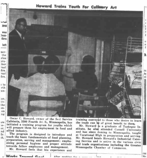 Training classroom at Howard’s Self-Service Cafeteria. Published in the Minneapolis Spokesman, March 4, 1965. Oscar C. Howard papers, 1945–1990 (P1842), Cafeteria and Industrial Catering Business, Manuscripts Collection, Minnesota Historical Society.