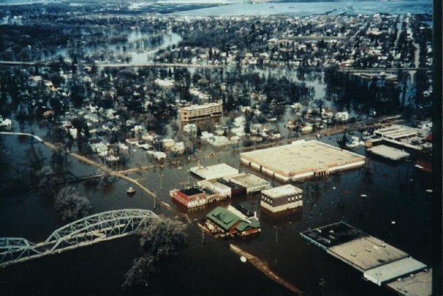 Aerial view of East Grand Forks, flooded