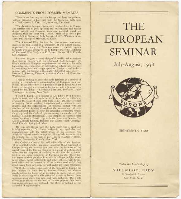 Color scan of  "The European Seminar, July-August, 1938" pamphlet. 