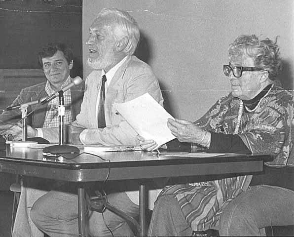 Black and white photograph left to right: Gerald Vizenor, Chester Anderson, and Meridel Le Sueur, c.1974.