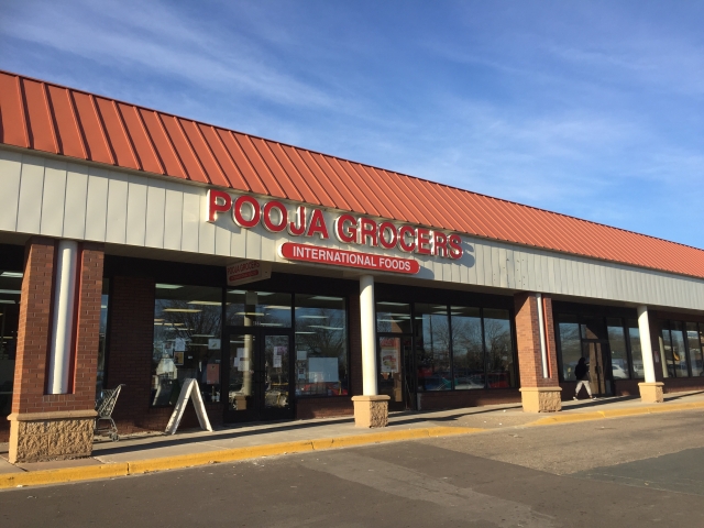 Color image of Pooja Grocers, 855 45th Avenue Northeast, Minneapolis. Photographed by Preeti Mathur in March 2017.