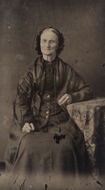 Black and white tintype photograph of Elizabeth Ayer, c.1880.