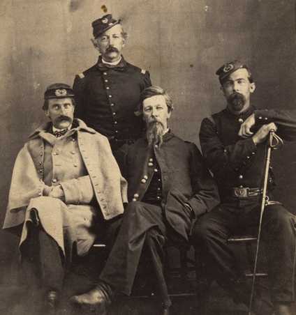 Black and white photograph of General Alfred H. Sully (center) with (L to R) John H. Pell, Andrew J. Levering, and Josias R. King, c. 1862. 