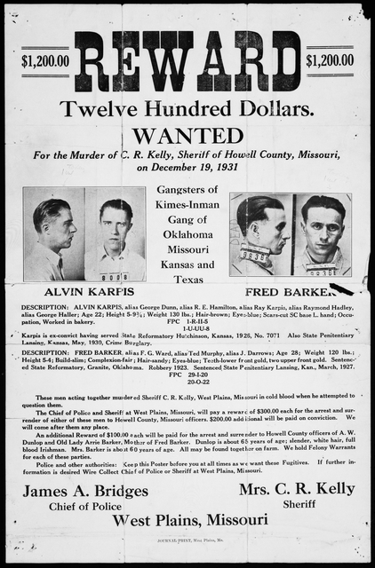 Reward poster for Alvin Karpis and Fred Barker