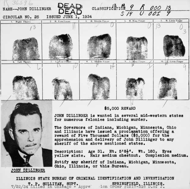 Black and white scan of John Dillinger criminal file, c.1934.