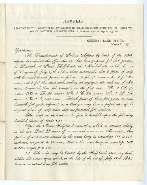 Circular explaining the location of "half-breed" Dakota scrip, March 21, 1857.