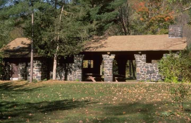 Color image of a shelter/refectory built by the WPA at Interstate State Park, 1938.