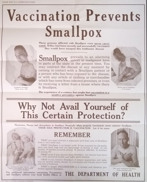 Smallpox prevention poster distributed by the Minnesota Department of Health c.1924. 