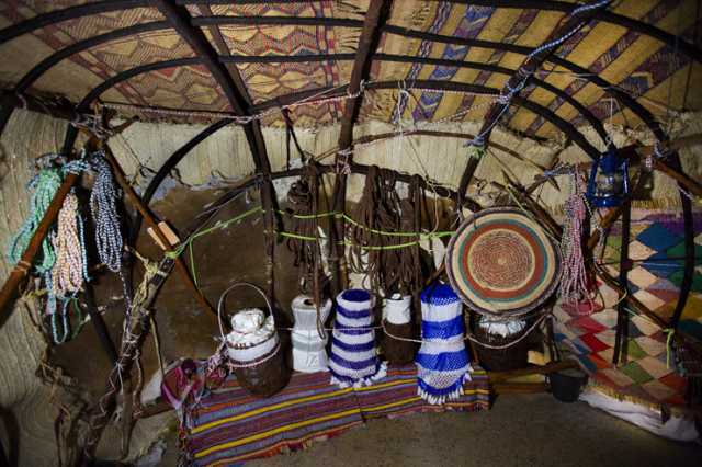 Photograph of the interior of a traditional Somali home, recreated for the Somali Museum of Minnesota