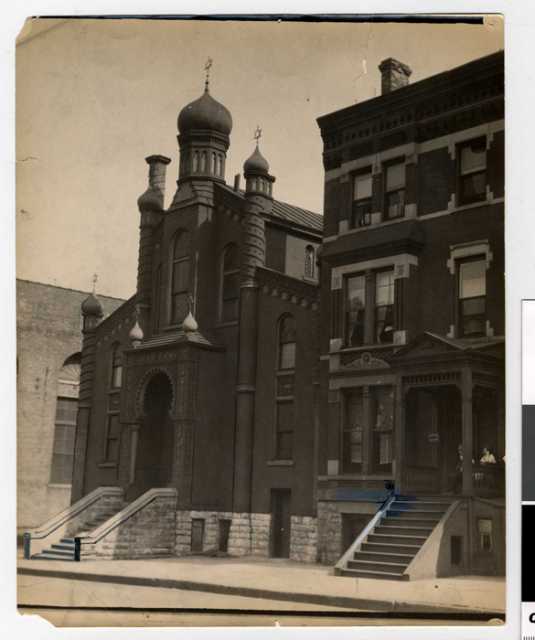 Black and white photograph of exterior, Sons of Jacob Congregation. 