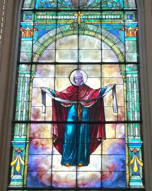 Color image of a stained glass window inside St. Mary’s Orthodox Cathedral in Minneapolis. Photographed by Paul Nelson on June 10, 2014.