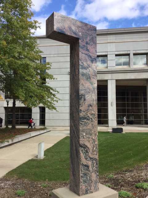 Color image of a sculpture made out of Morton gneiss in front of the Harold Stassen Building in St. Paul, 2016. Photographed by Paul Nelson.