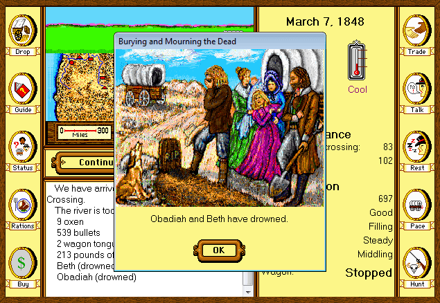 Screenshot of burying and mourning the dead in Oregon Trail 1.2 for Windows 5, 1995.