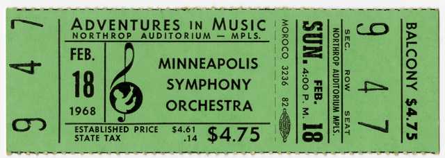 Color scan of an admission ticket for a Sunday 4pm concert at Northrup Auditorium, February 18, 1968. 