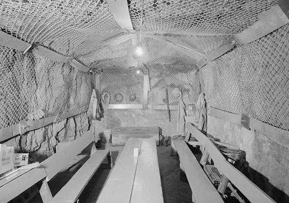 Black and white photograph of the underground (twenty-seven levels below the surface) miners’ lunchroom in the Soudan Iron Mine, Lake Vermilion–Soudan Underground Mine State Park. 