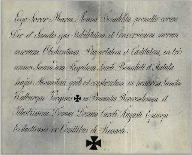 Color scan of Latin vows signed by Mother Benedicta Riepp,1846.