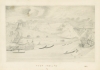 Graphite drawing of Fort Snelling showing landing road with root cellars beneath it and Dakota people in the foreground, c.1856. Drawing by B. C. H.