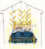 Drawing of a farmer and his wife in bed with ears of corn suspended above them for drying in a warm bedroom.