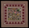 Color image of a Hmong story cloth (paj ndau) showing a traditional Laotian village scene. Made in Ban Vinai, Thailand, c.1989.