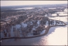 Aerial view of a Grand Forks neighborhood under flood water