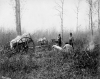 Black and white photograph of men and Red River carts near Dennis Lake, Manitoba, 1897.