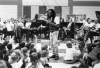 Black and white photograph of Bobby McFerrin & SPCO at Groveland Park Elementary School in St. Paul, 1995.