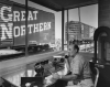 Black and white photograph on the interior of hump office at Great Northern Railway’s Gavin Yard in Minot, North Dakota,  ca. 1958. Photograph by Hedrich-Blessing.