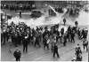 Black and white photograph of tear gas being used on demonstrators during the truck drivers’ strike, 1934.