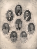 Collage of black and white photographs of Minnesota citizens and James-Younger Gang members, 1876.