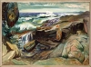 Painting of rocks along the shore of Lake Superior, with the lake visible in the background.