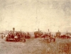 Black and white photograph of unidentified men in field with farm machinery, James J. Hill's Northcote Farm, Northcote, Minnesota, undated.