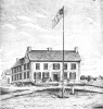 Black and white print of the first capitol building of Minnesota Territory c.1849.