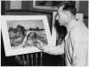 Black and white photograph of Cameron Booth posing with a watercolor, 1937.