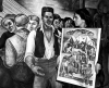 Black and white photograph of Lucia Wiley at work on a mural for the Moorhead High School, 1941.