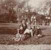 Black and white photograph of Students of St. Joseph’s Academy relaxing on school grounds, 1897.