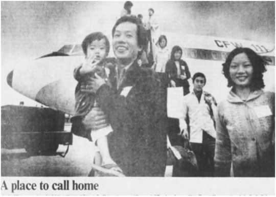 Black and white photograph of Indochinese refugees arriving in Iowa, 1979.