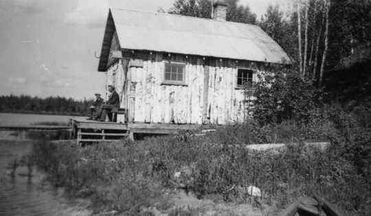 Black and white photograph of a sauna on the shore of North Star Lake, 1937.