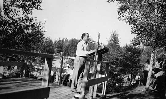 Black and white photograph of Congressman John T. Bernard at Mesaba Co-op Park, 1938.