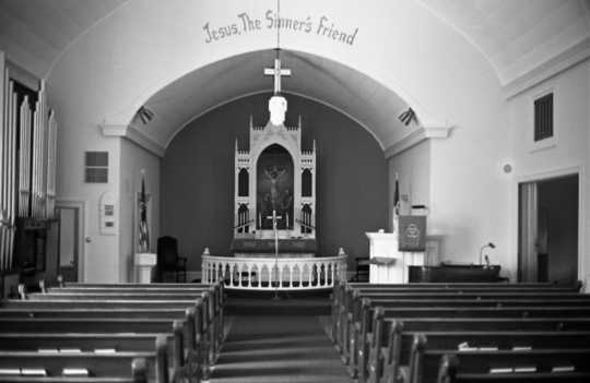 Black and white photograph of the altar of Old Westbrook Church, Cottonwood County, 1972. Photograph by Clifford M. Renshaw.
